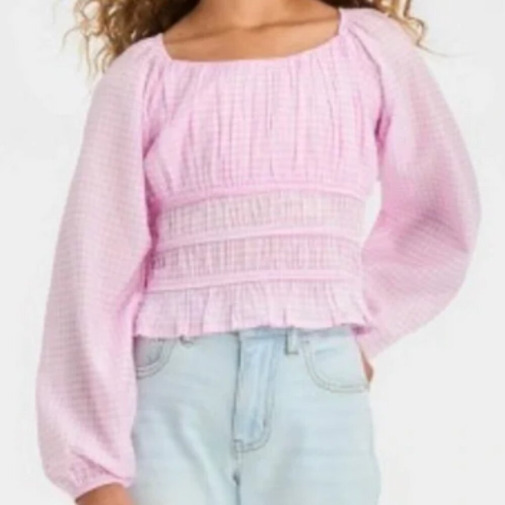 Art Class Pink & White Gingham Long Balloon Sleeve Top NWT